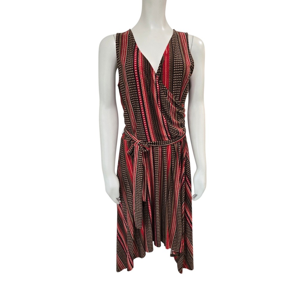 Lauren Ralph Lauren Faux Wrap Dress Medium Red Brown Striped Southwestern V Neck
